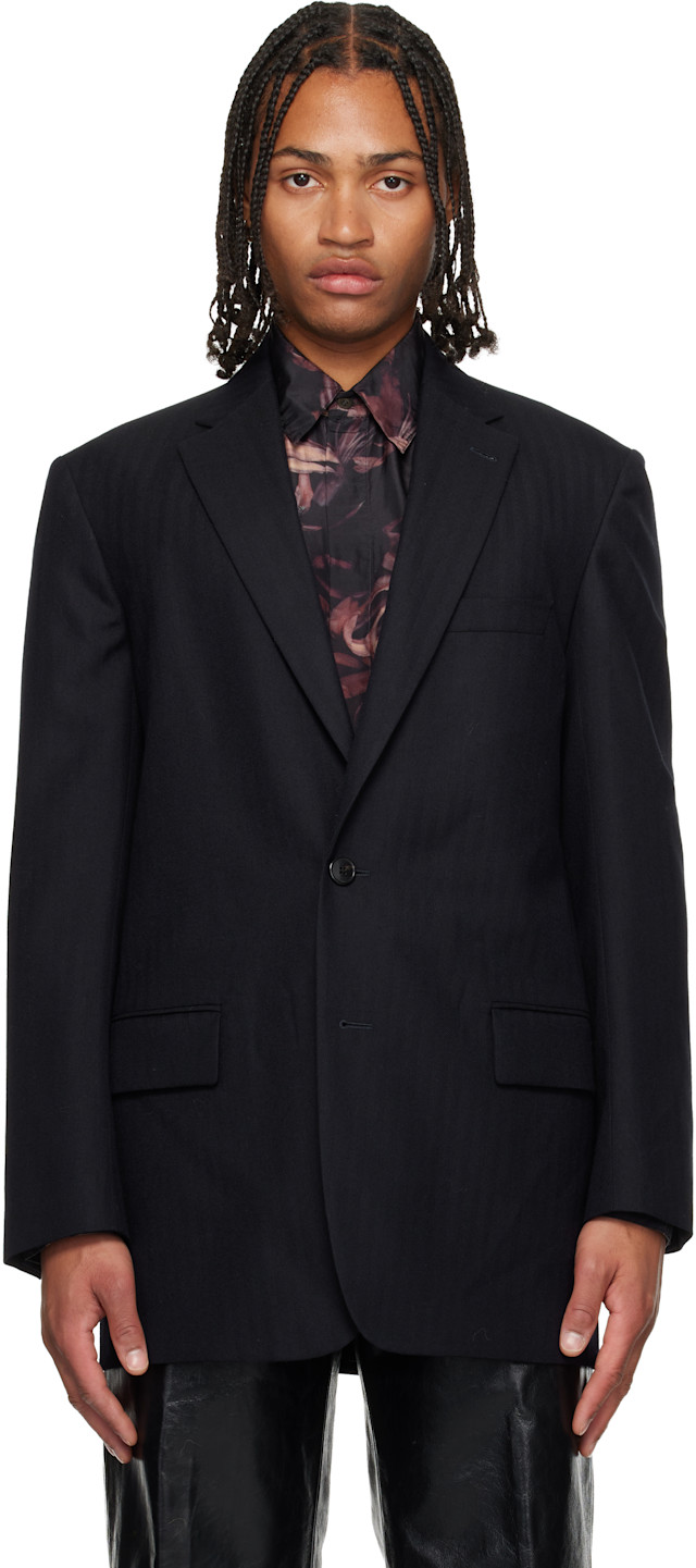 DRIES VAN NOTEN 21AWコットンウール テーラードジャケット Dries Van Noten: ネイビー ヘリンボーン ウール テーラードジャケット
