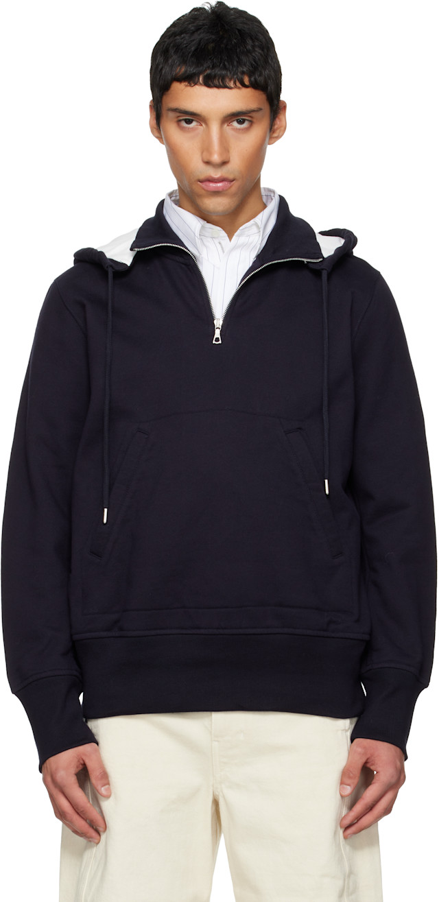DRIES VAN NOTEN ドレープ パーカー Dries Van Noten: Navy Half-Zip Hoodie | SSENSE