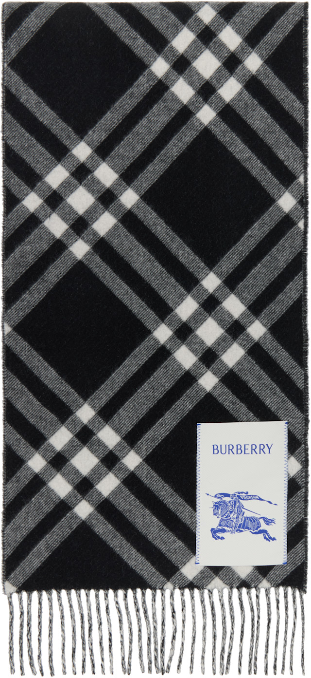 Burberry: Black & White Check Cashmere Scarf | SSENSE