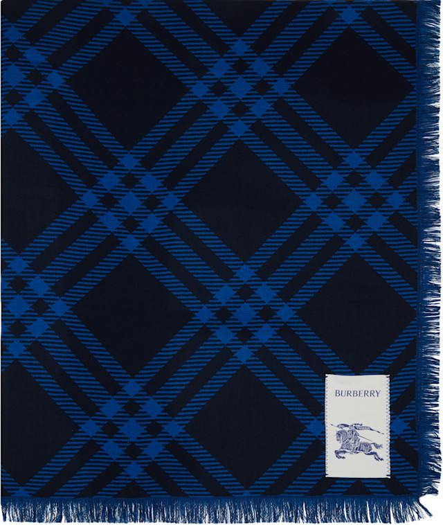 Burberry: Navy Wide Check Wool Silk Scarf | SSENSE