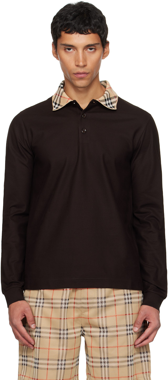 BURBERRY チェック柄ポロシャツflexwitme Burberry: ブラウン Check Collar コットン 長袖ポロシャツ | SSENSE 日本