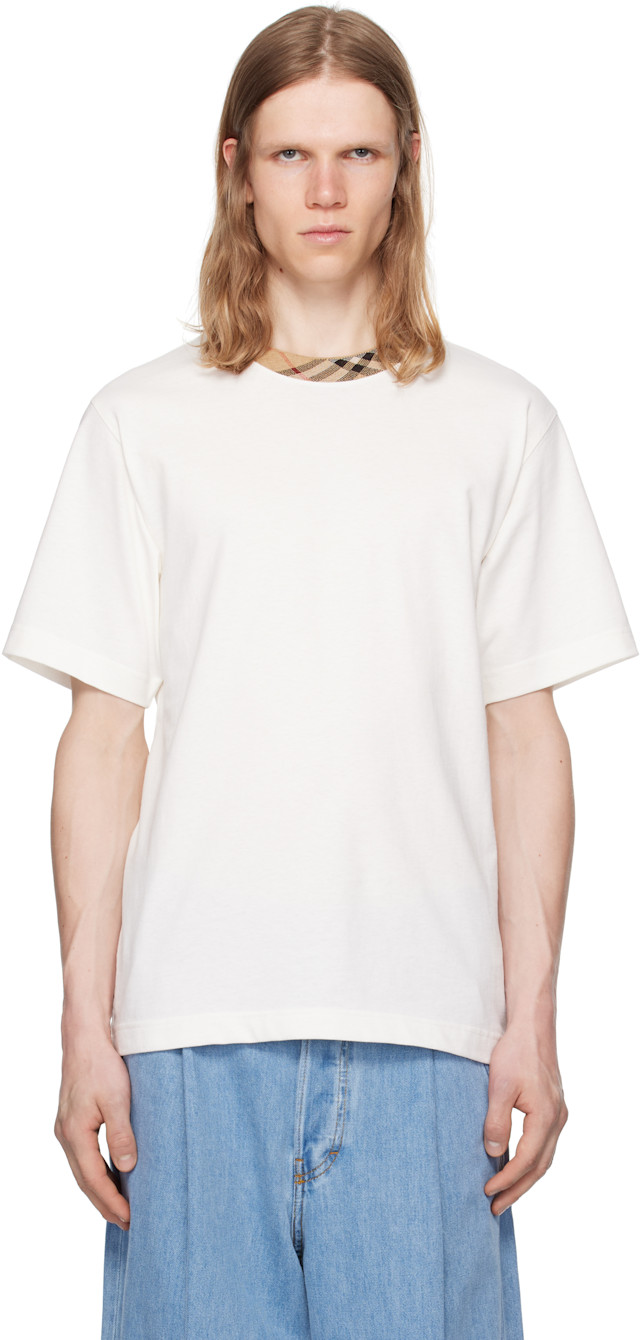 Burberry: Off-White Check Trim Cotton T-shirt | SSENSE