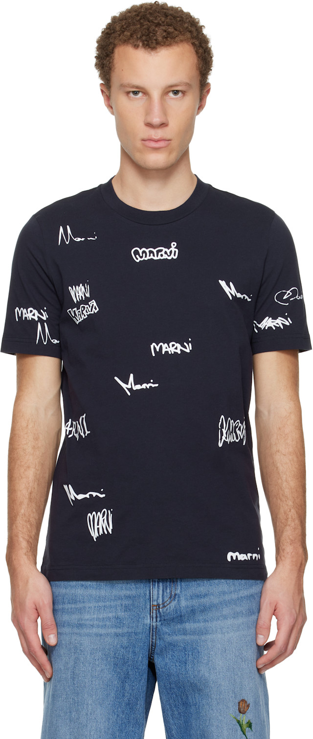 Marni: ネイビー Multigram Marni コットン プリントTシャツ | SSENSE 日本