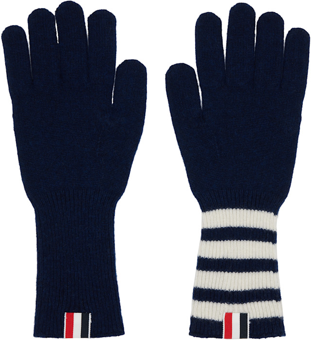 トムブラウン 手袋 Thom Browne: Navy Cashmere Ribbed 4-Bar Gloves | SSENSE
