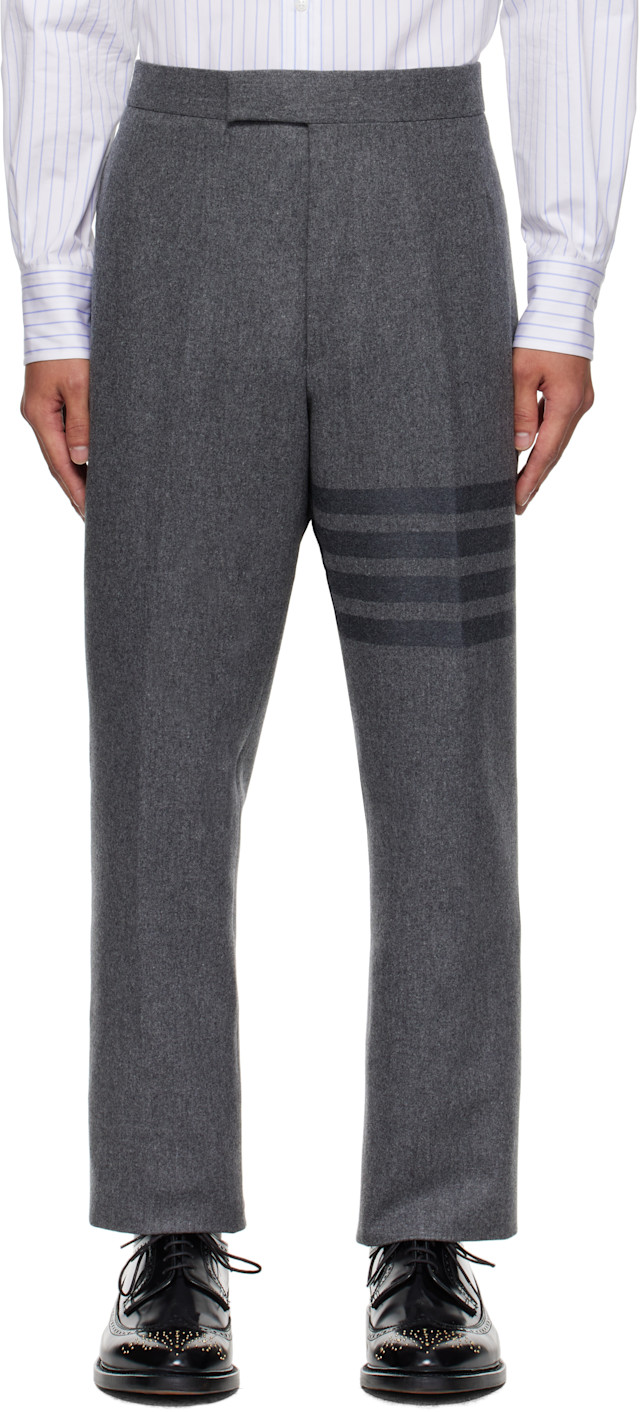 Thom Browne: Gray Plain Weave 4-Bar Trousers | SSENSE