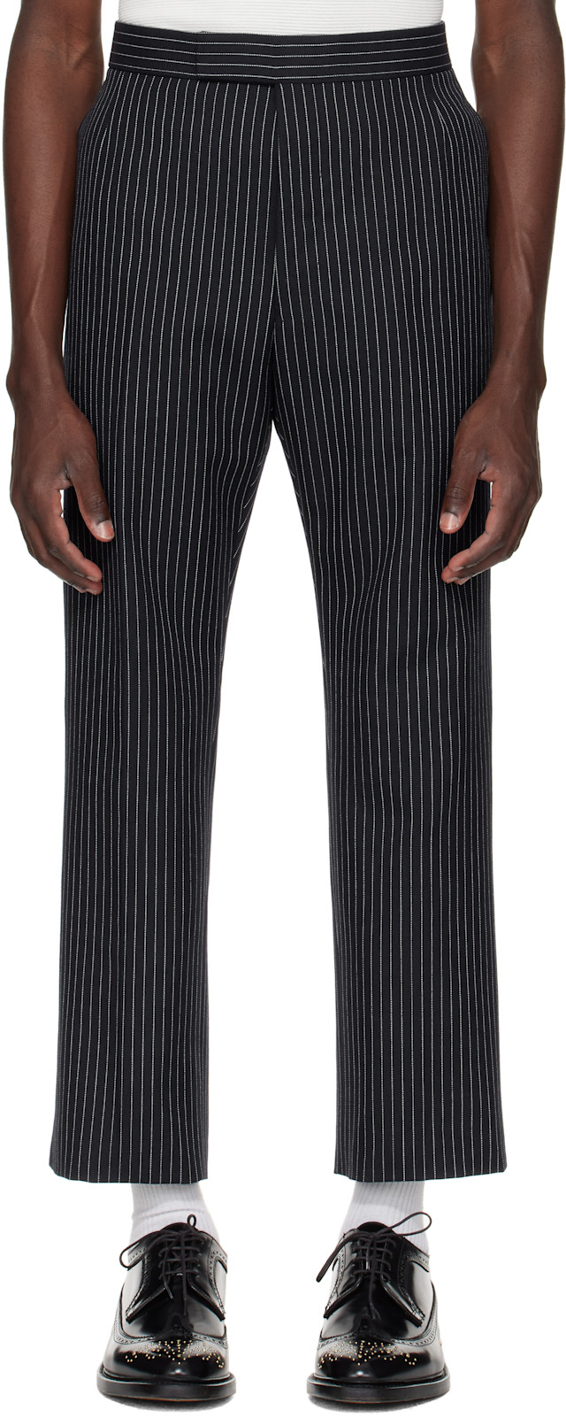 Thom Browne: Navy Pinstripe High Twist Wool Backstrap Trousers