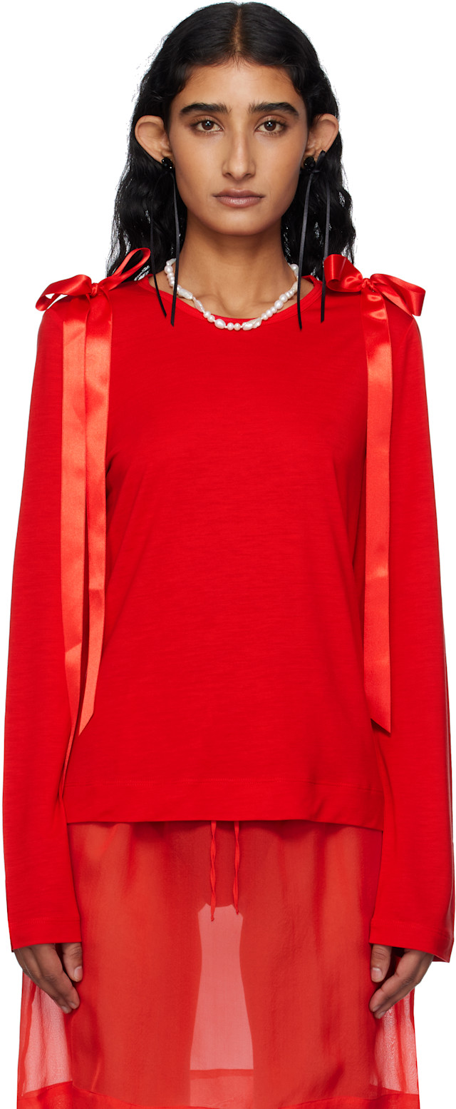 Simone Rocha: Red Bow Ribbon Tail Long Sleeve T-shirt | SSENSE
