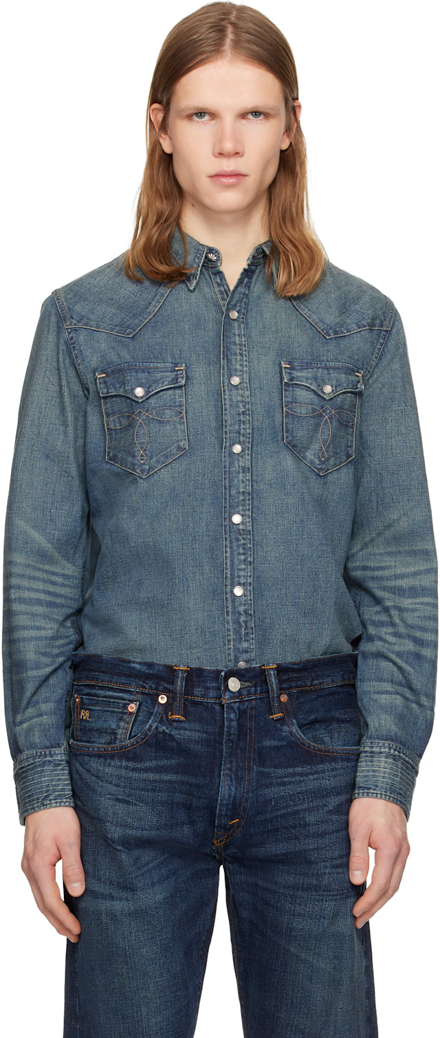 RRL: ブルー スリムフィット デニム ウエスタンシャツ | SSENSE 日本