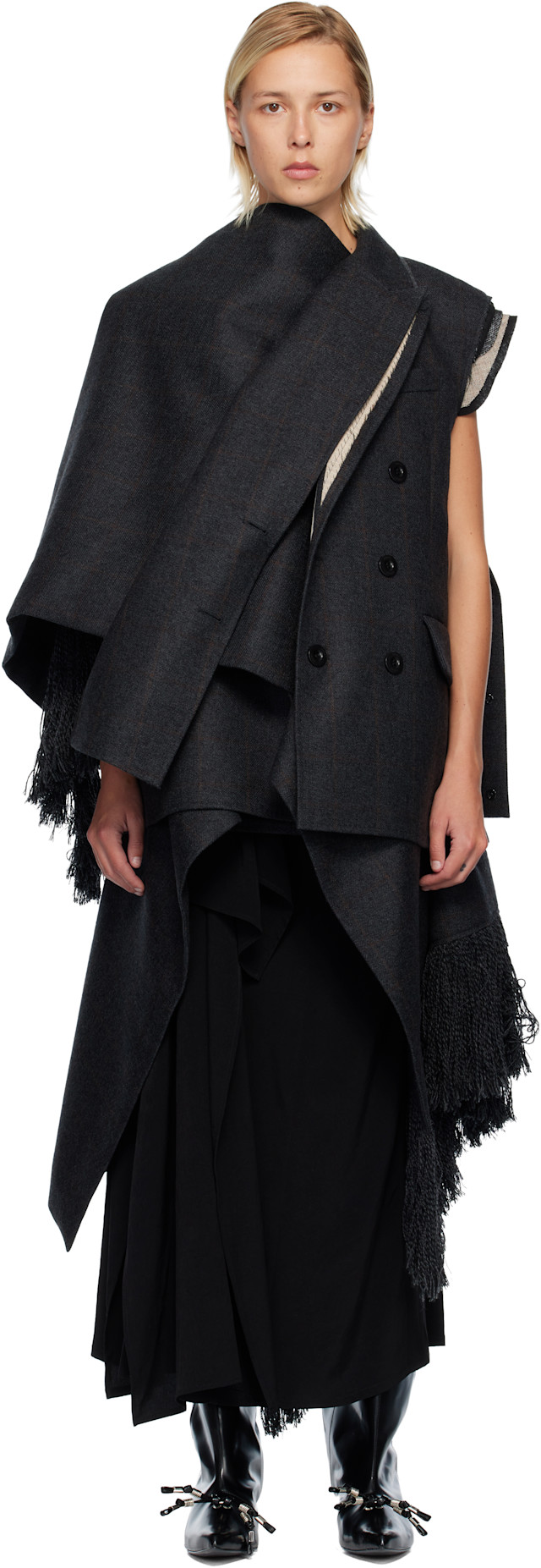 sacai: Gray Double-Faced Plaid Melton Vest | SSENSE