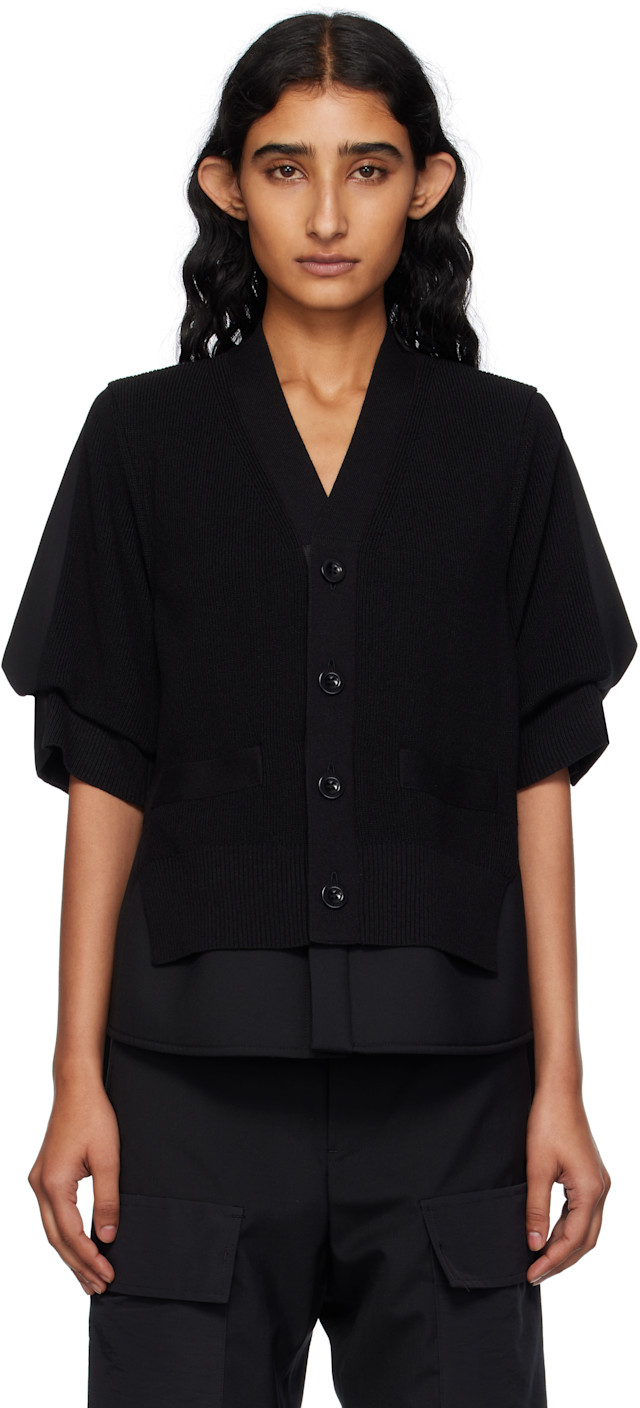 【美品】  sacai / サカイ | 2024 | Cotton Gabardine × Knit Cardigan ニット カーディガン | 2 | ブラック | レディース sacai - 【美品】 sacai / サカイ | 2024 | Cotton Gabardine × Knit