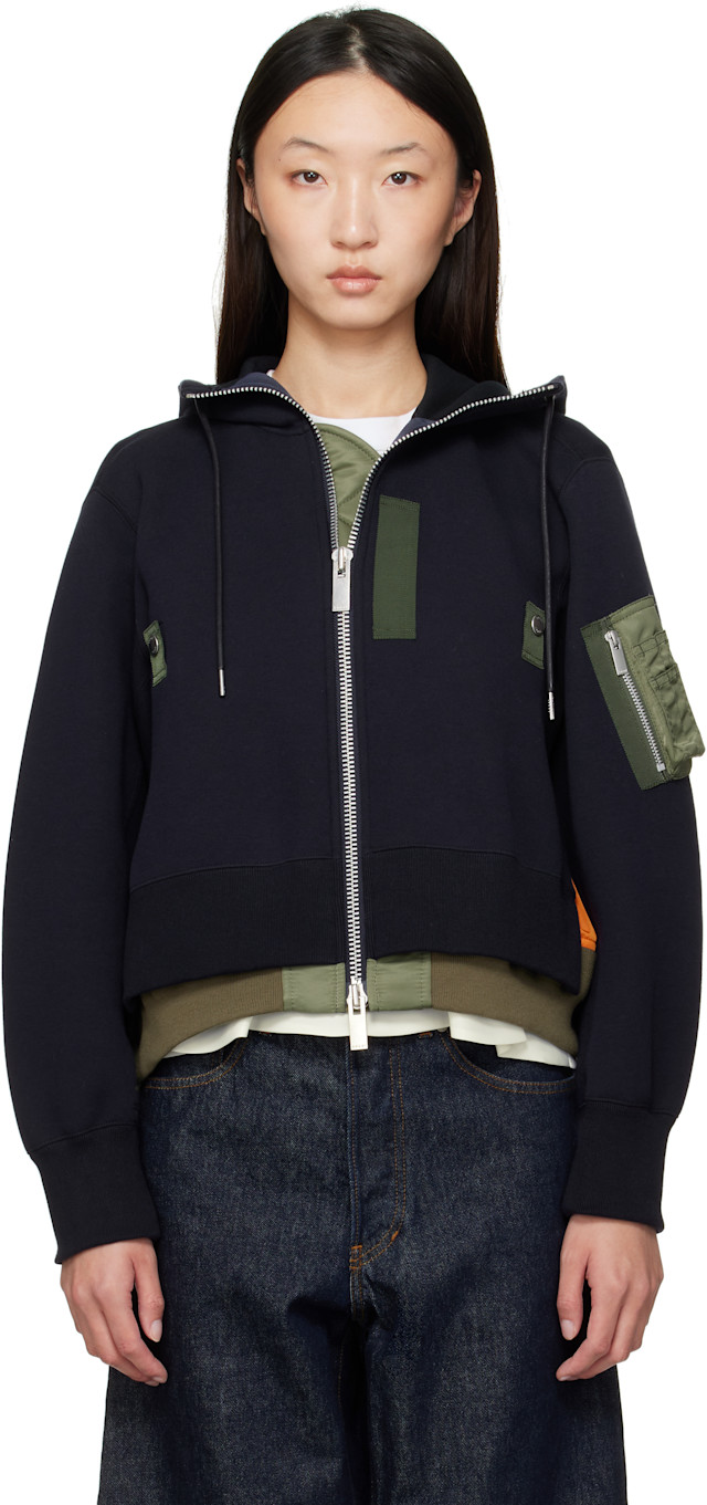 sacai フード付きネイビー・オリーブジャンパー サイズ3 sacai: ネイビー＆カーキ Sponge Sweat x Nylon Twill フーディ