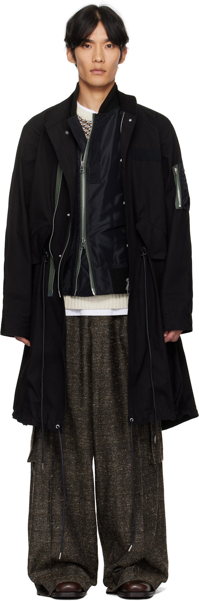 sacai: ブラック リップストップ コート | SSENSE 日本