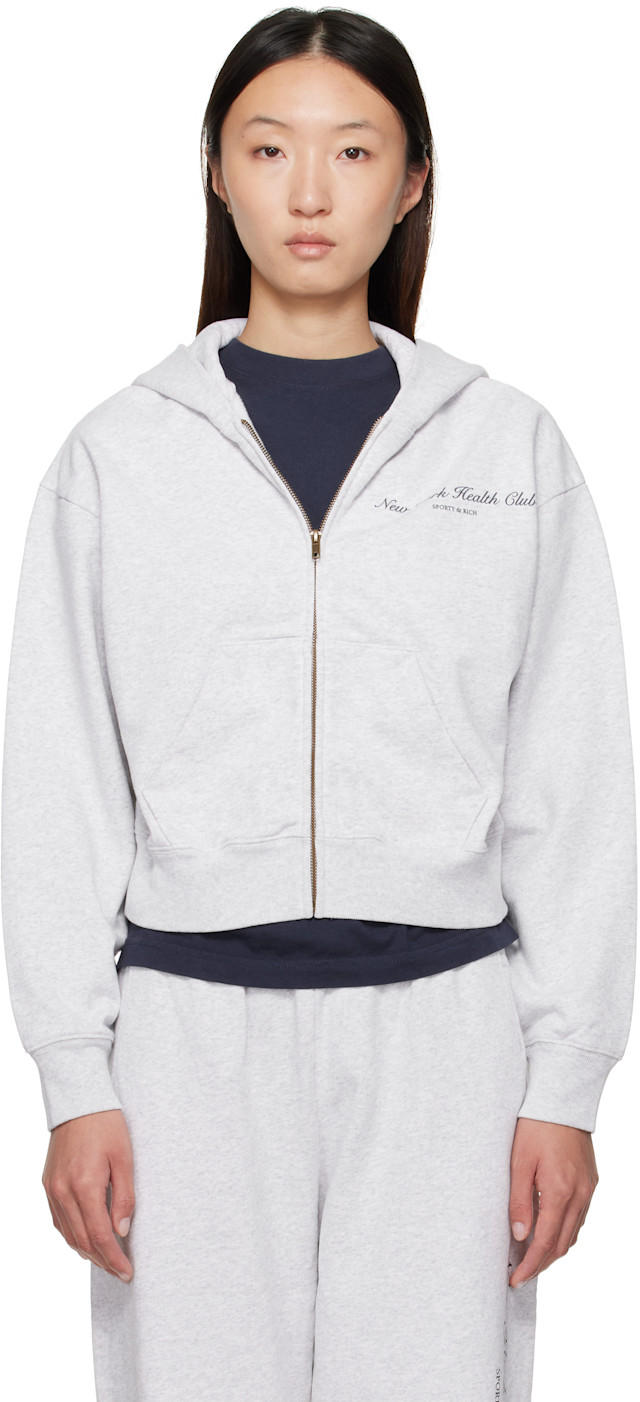 Sporty & Rich: Gray 'NY Health Club' Cropped Zip Sports Hoodie