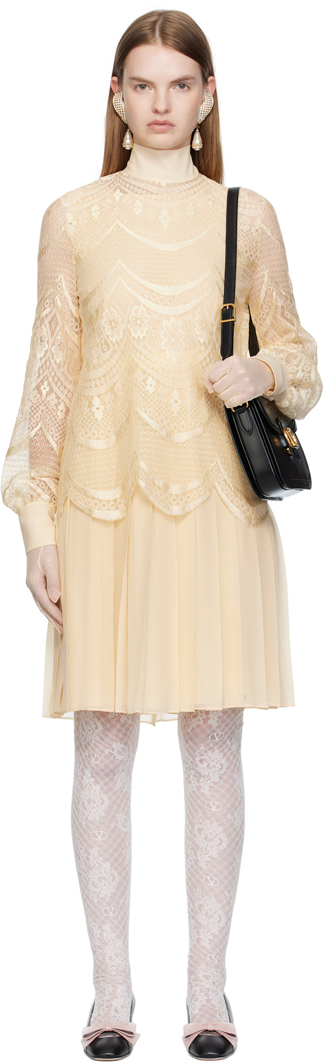 VALENTINO ベージュ レース 半袖 ワンピース Valentino: ベージュ レイヤード ミディアムワンピース | SSENSE 日本