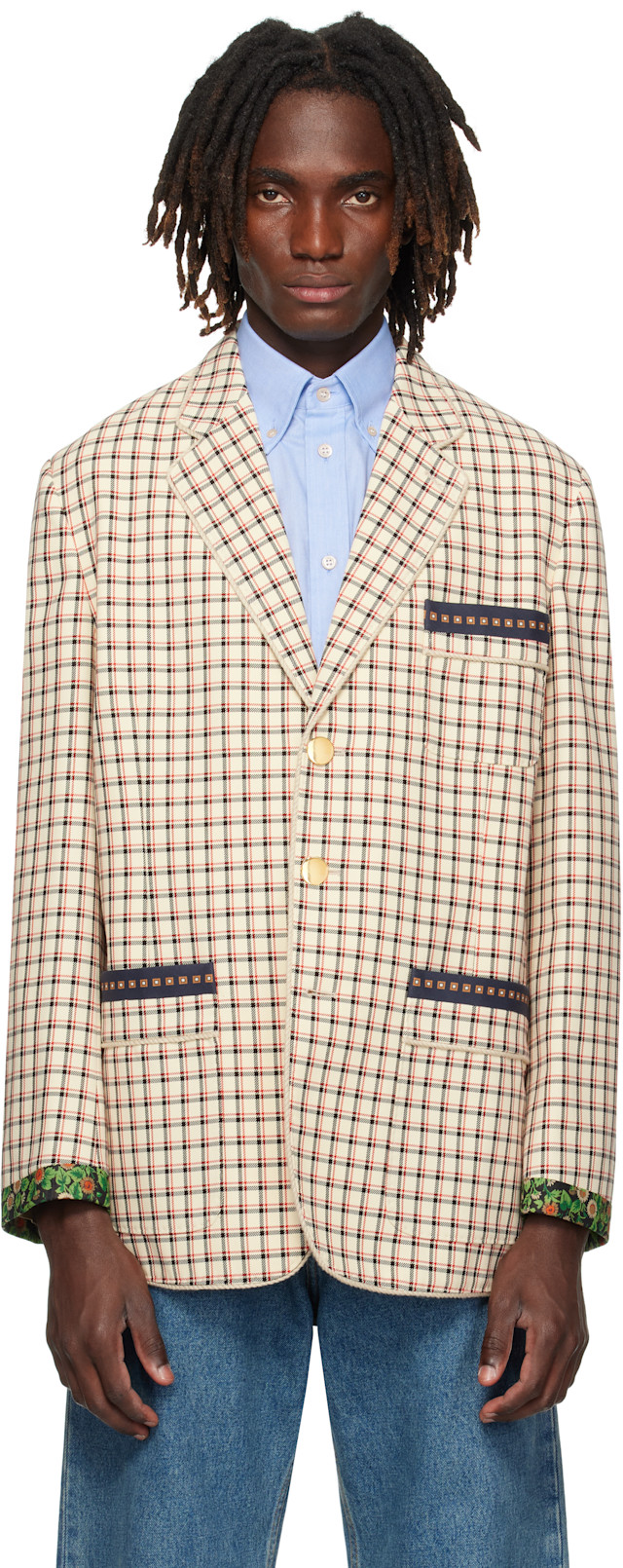 Valentino: ベージュ チェック コットン シングルジャケット | SSENSE 日本