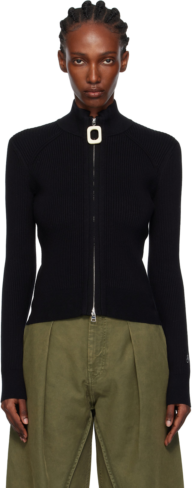 JW Anderson: Black Fitted Zip Up Sweater | SSENSE