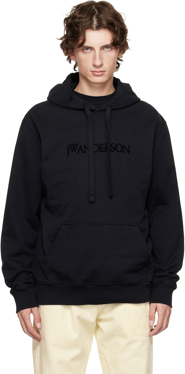 JW Anderson: Black Logo Embroidery Hoodie | SSENSE