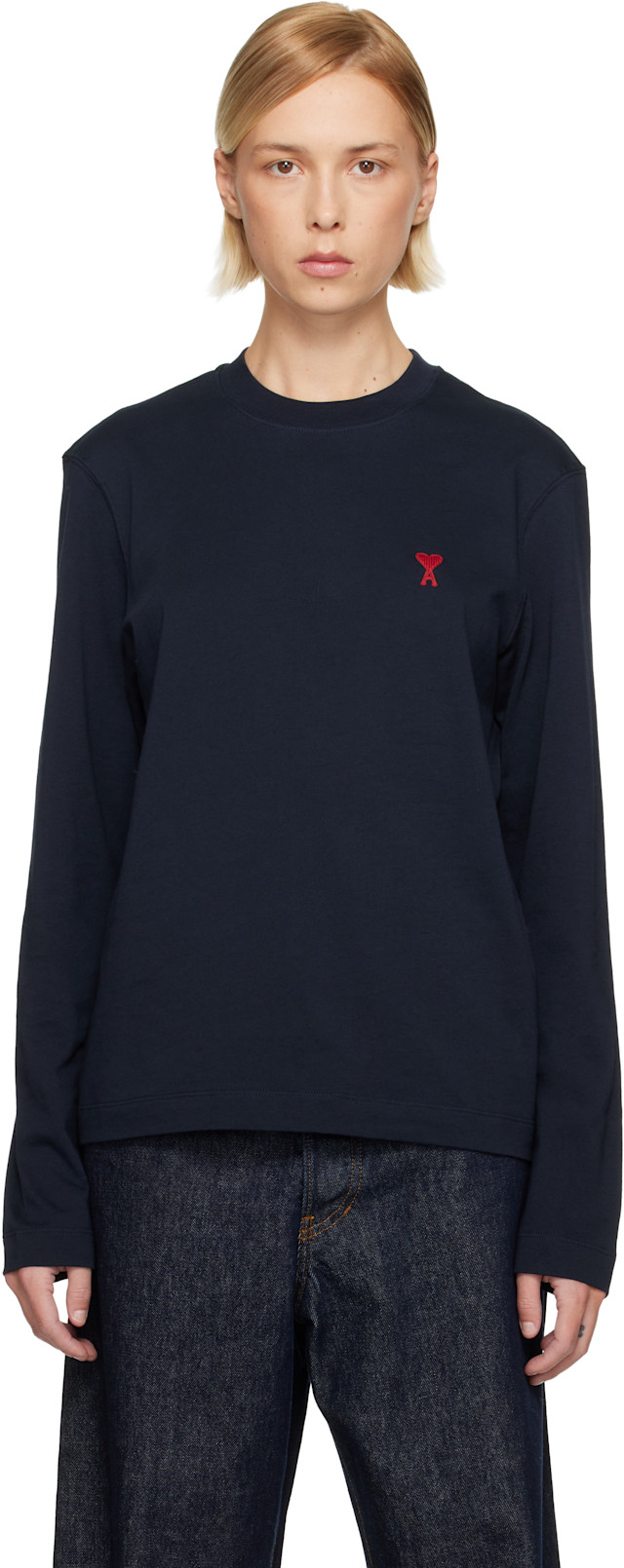 A♡のん AMI Paris: Navy Cotton Ami de Coeur Long Sleeves T-shirt | SSENSE