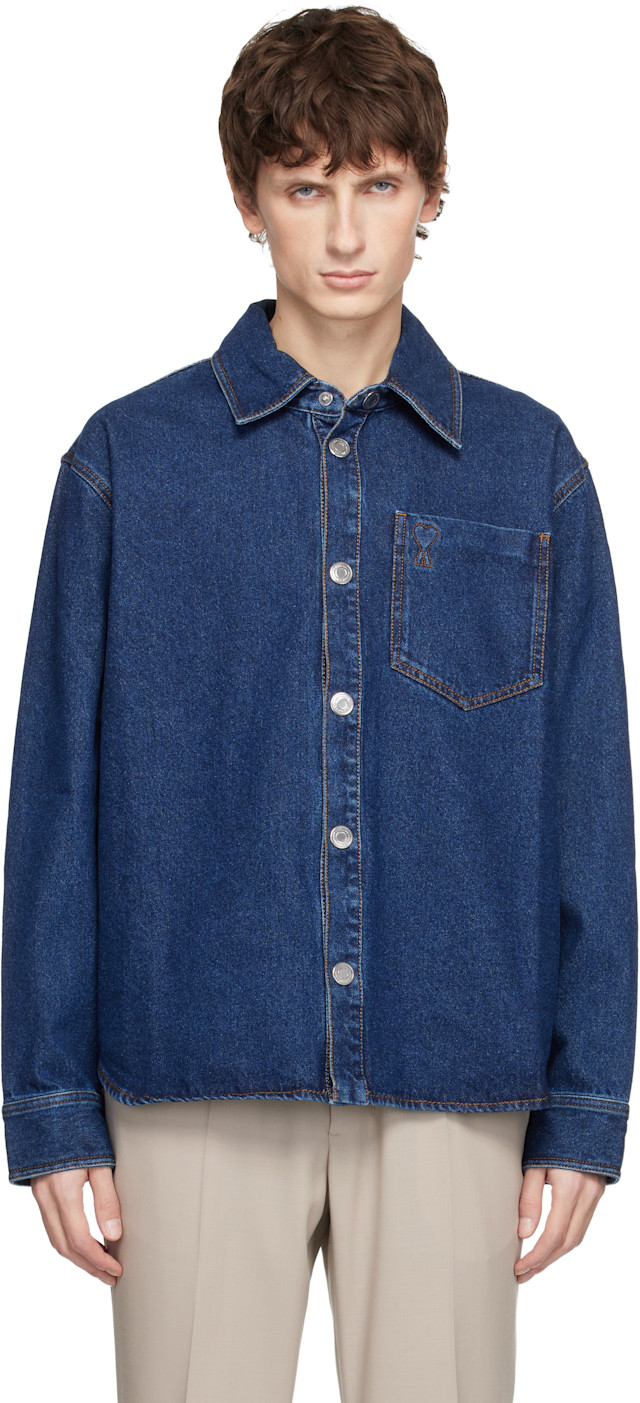 AMI Paris: Blue Cotton Ami de Coeur Denim Overshirt | SSENSE