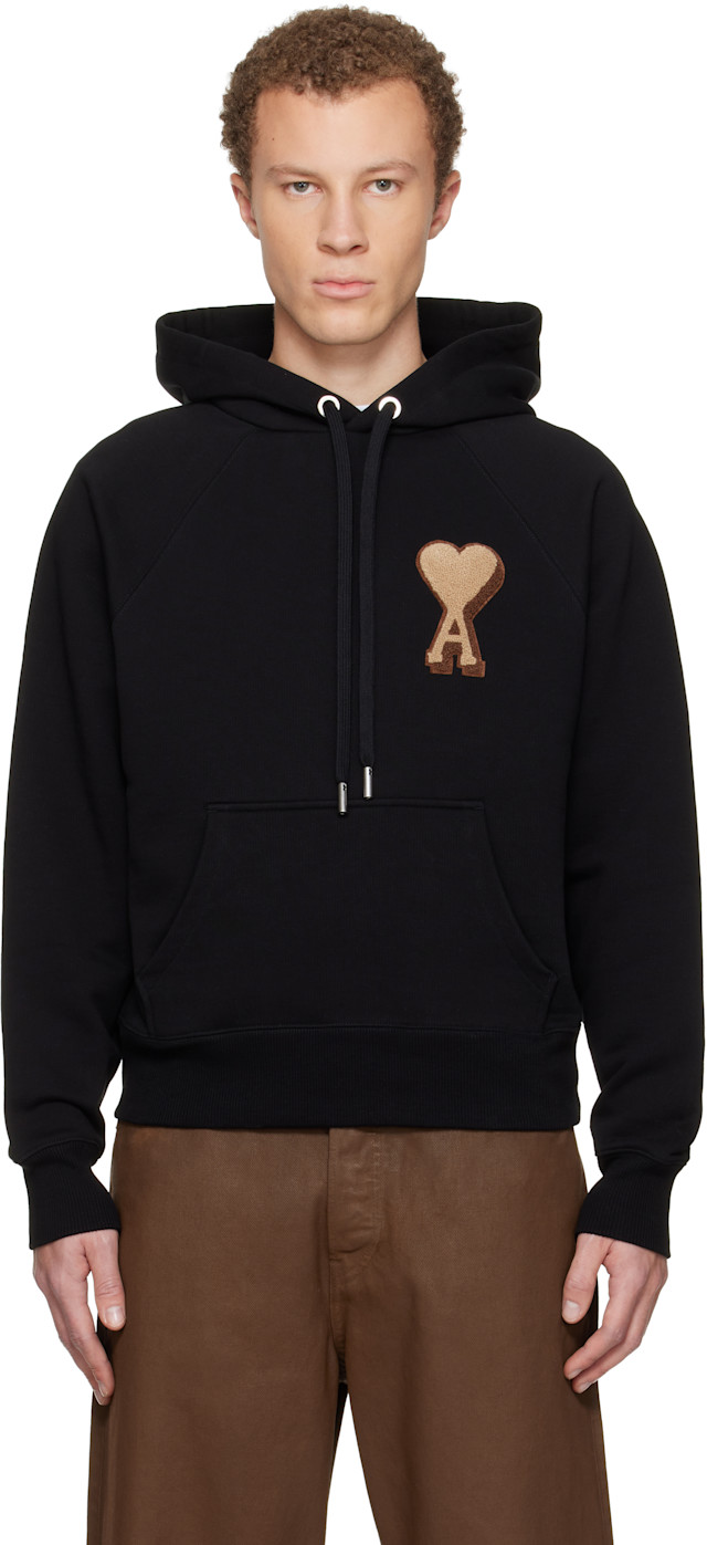 AMI Paris: Black Cotton Ami de Coeur Hoodie | SSENSE