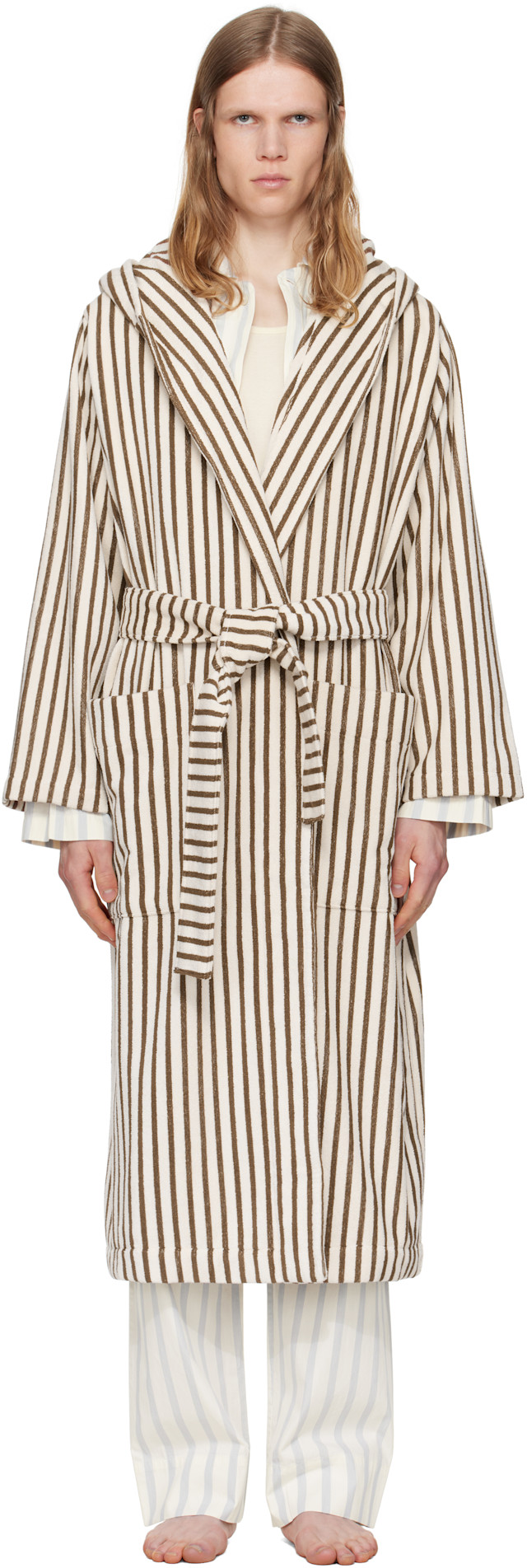 Tekla: Off-White & Brown Terry Hooded Bathrobe | SSENSE