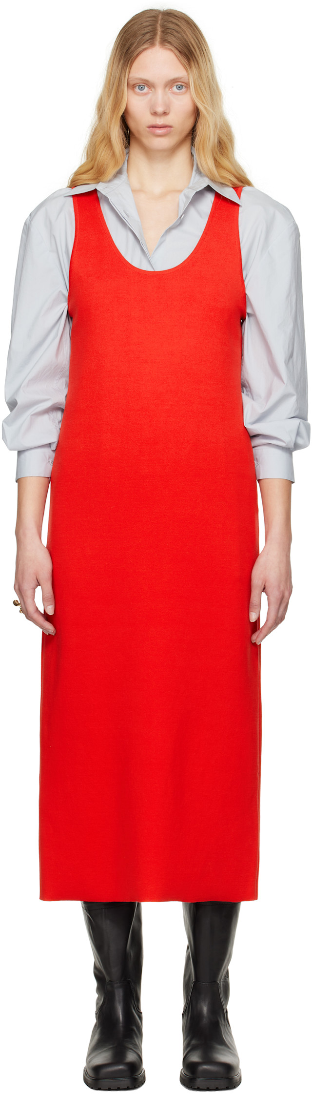 AURALEE: Red Cotton Silk Stretch Knit Midi Dress | SSENSE