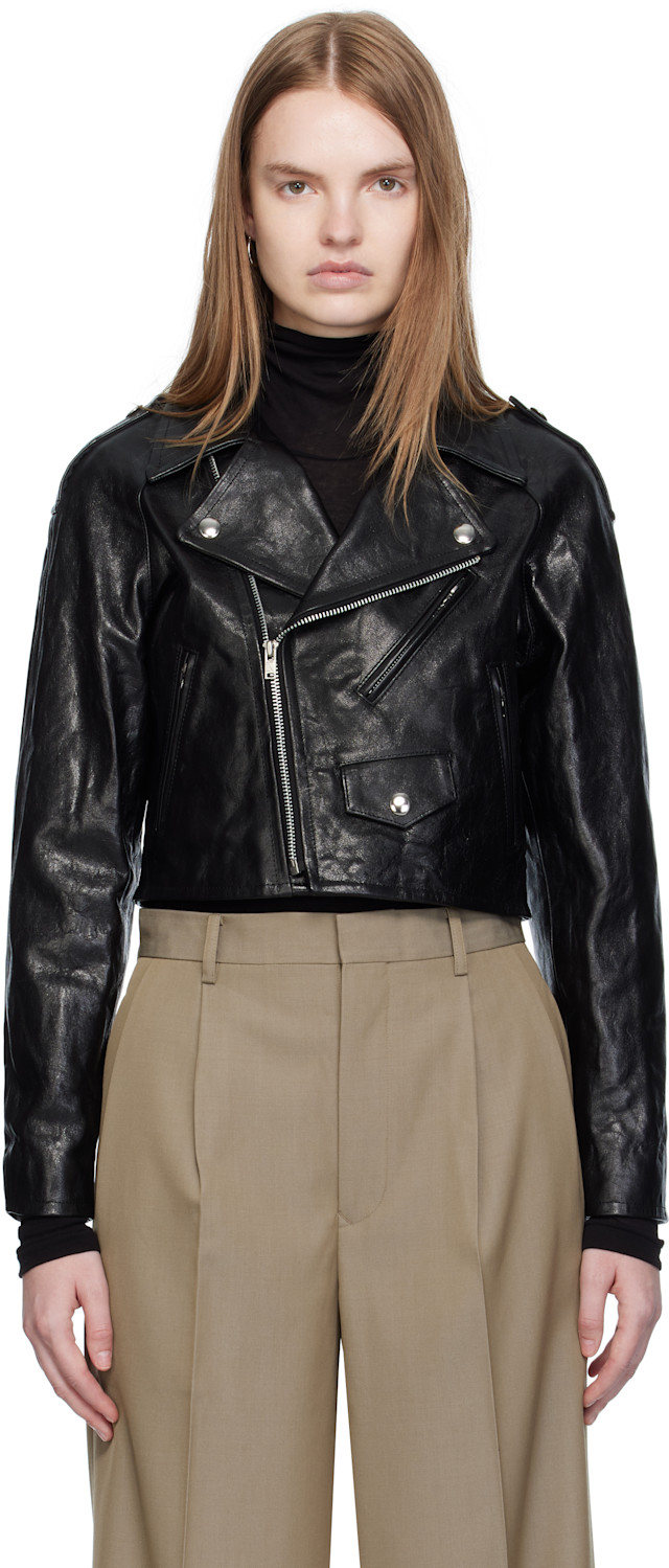 AURALEE: Black Cropped Riders Lamb Leather Jacket | SSENSE