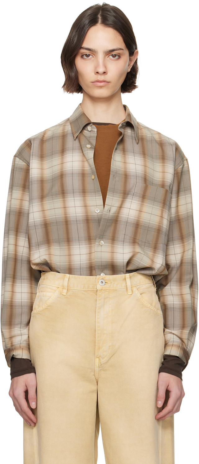 AURALEE: Brown & Gray Super Light Wool Check Shirt | SSENSE