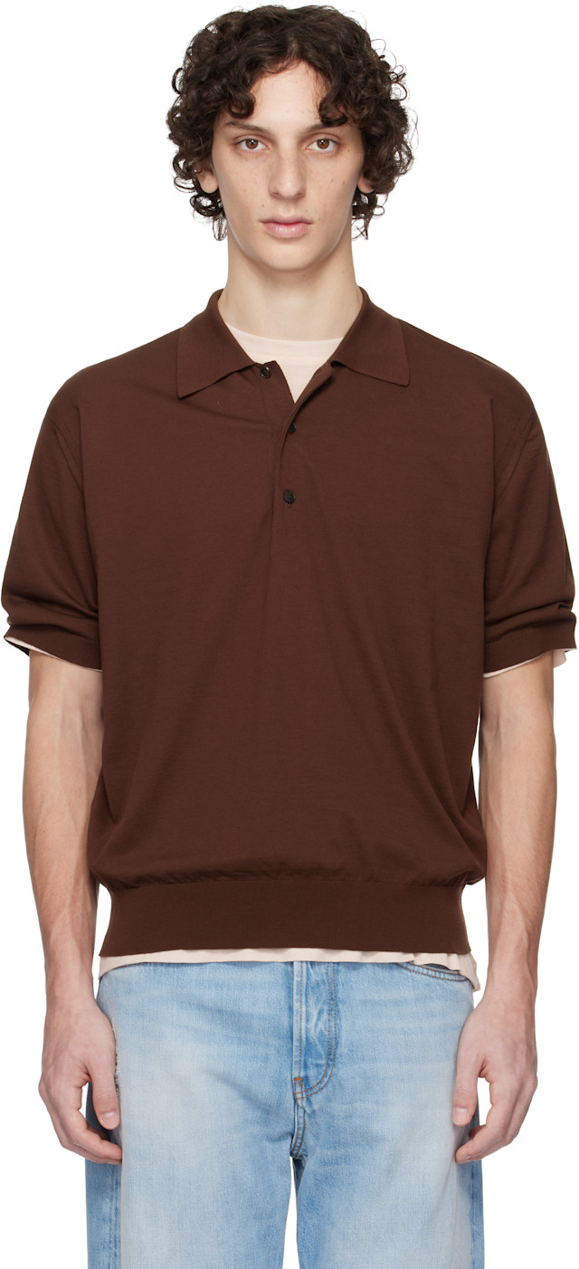 AURALEE: Brown Super High Gauge Cotton Knit Polo | SSENSE Australia