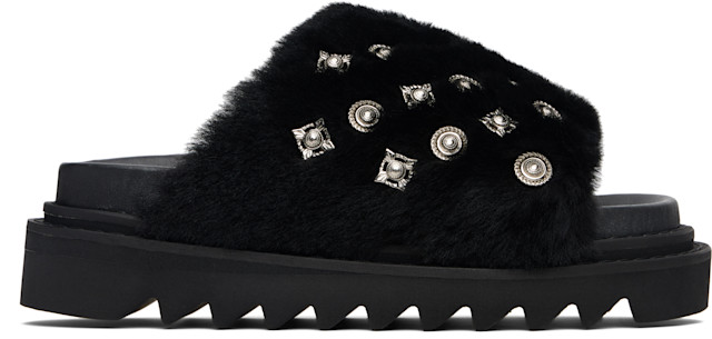 TOGA PULLA ファーフラットシューズ 38 Toga Pulla: Black Fur Concho Slippers | SSENSE