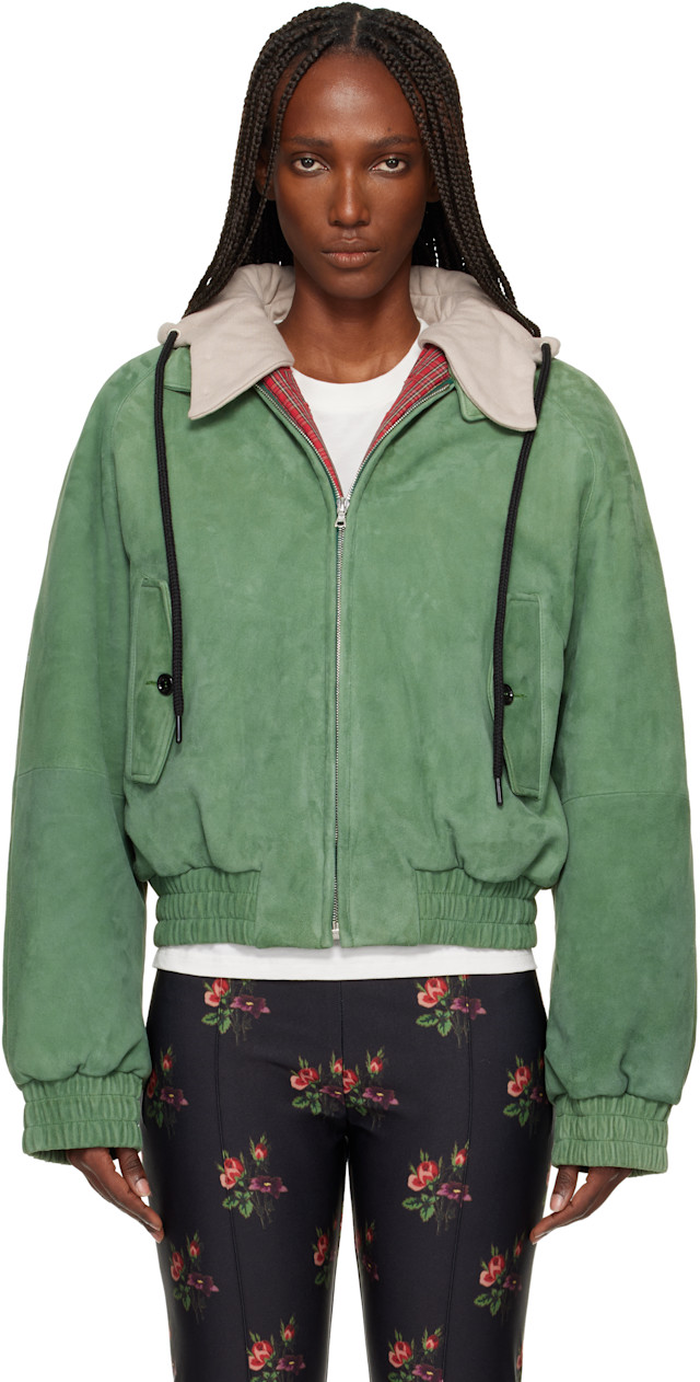 Meryll Rogge: Green Detachable Hood Suede Bomber Jacket | SSENSE