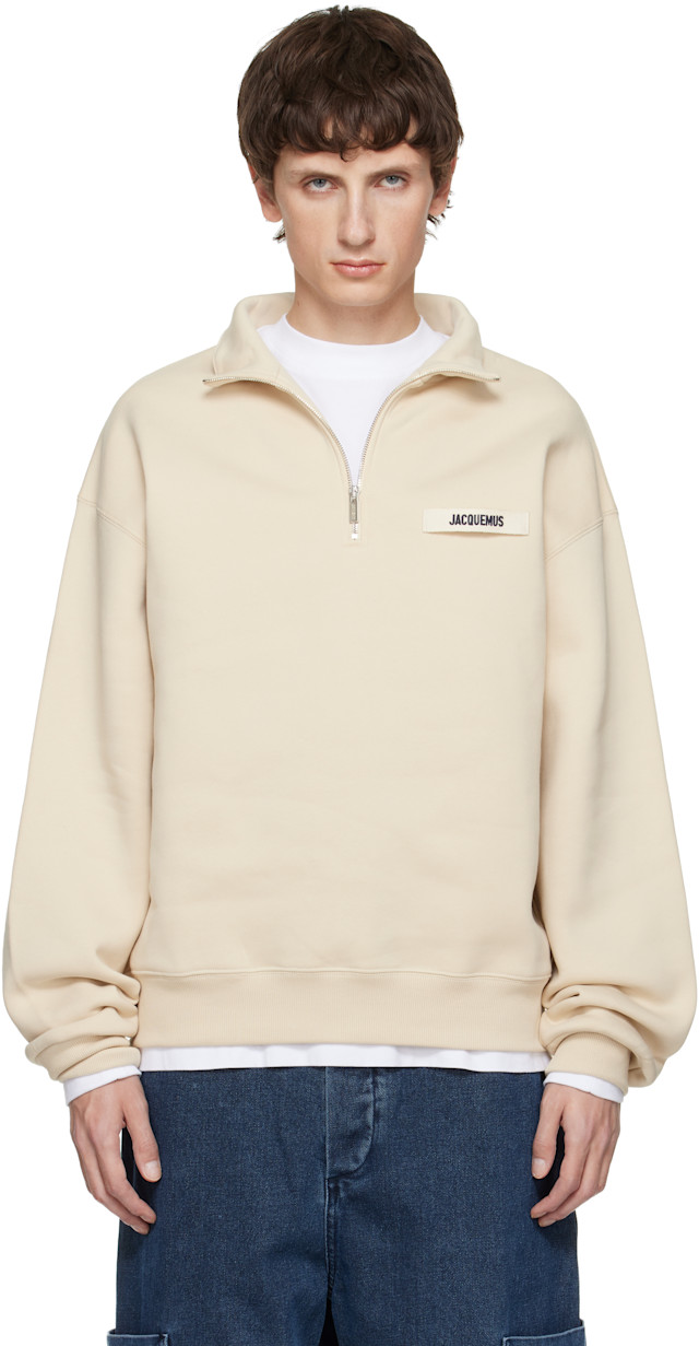 JACQUEMUS: Beige 'The Gros Grain' Zipped-Rollneck Sweatshirt | SSENSE
