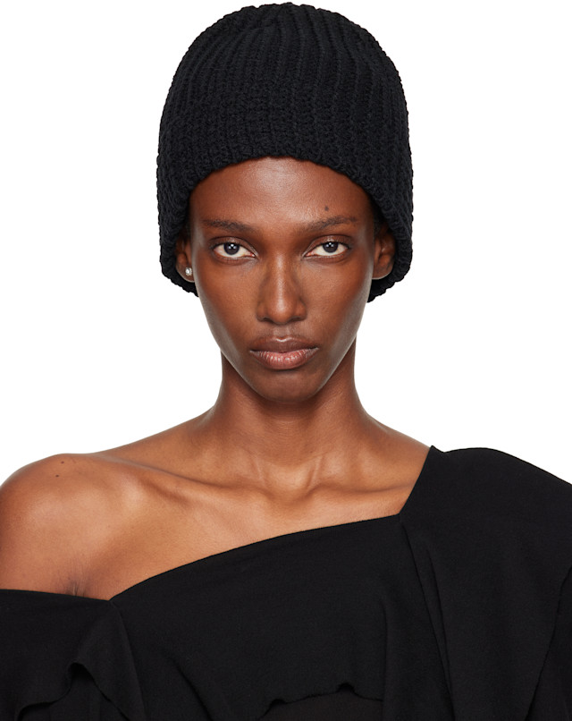 YOHJI YAMAMOTO: Black Cardigan Stitch Knit Beanie | SSENSE United