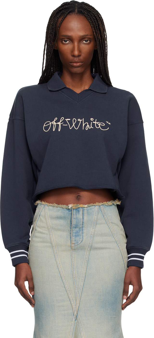 Off-White: Navy Embroidered Script Polo Sweater | SSENSE