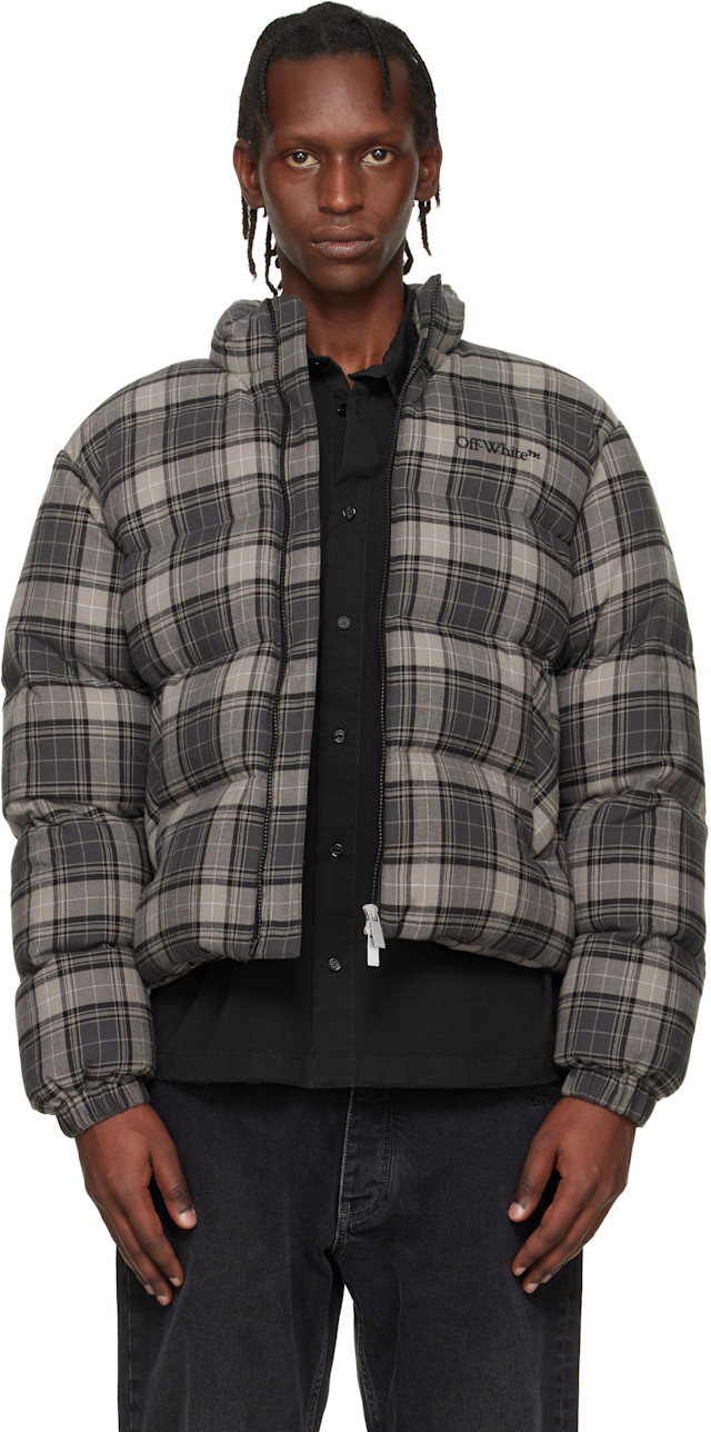 Off-White: Gray Spray Arrow Check Flannel Down Jacket | SSENSE