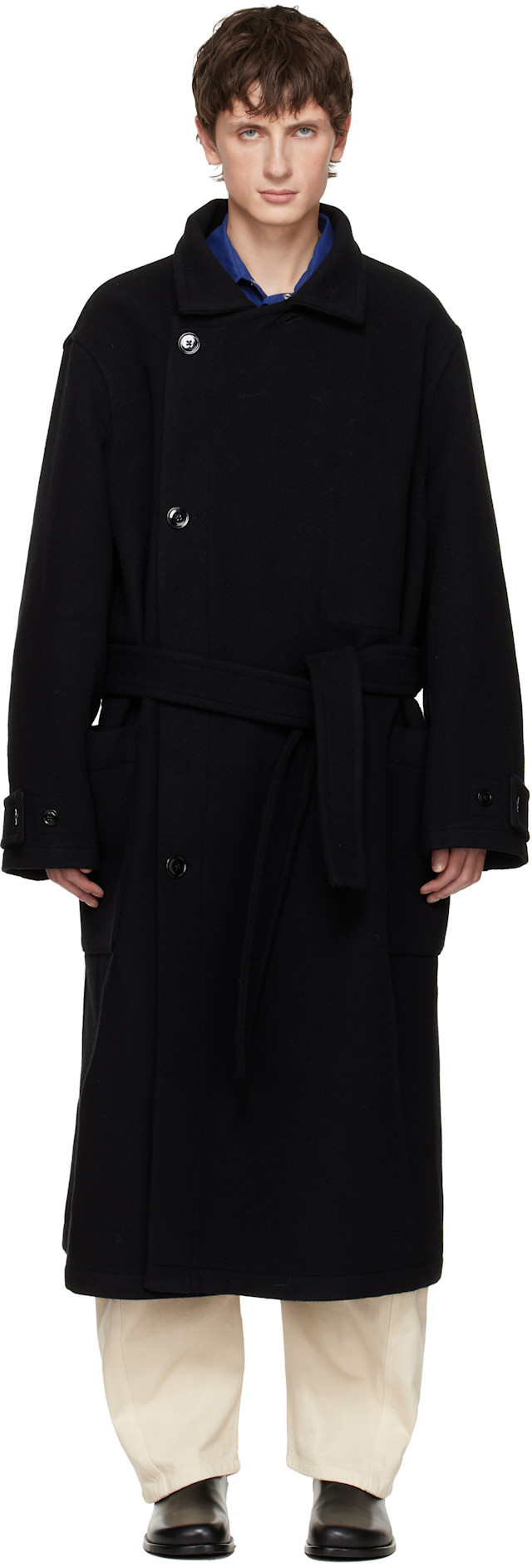 希少 LEMAIRE ベルト付き ロングコート 光沢 ブラック LEMAIRE ベルテッド ダブルトレンチコート | ブラック | FARFETCH JP