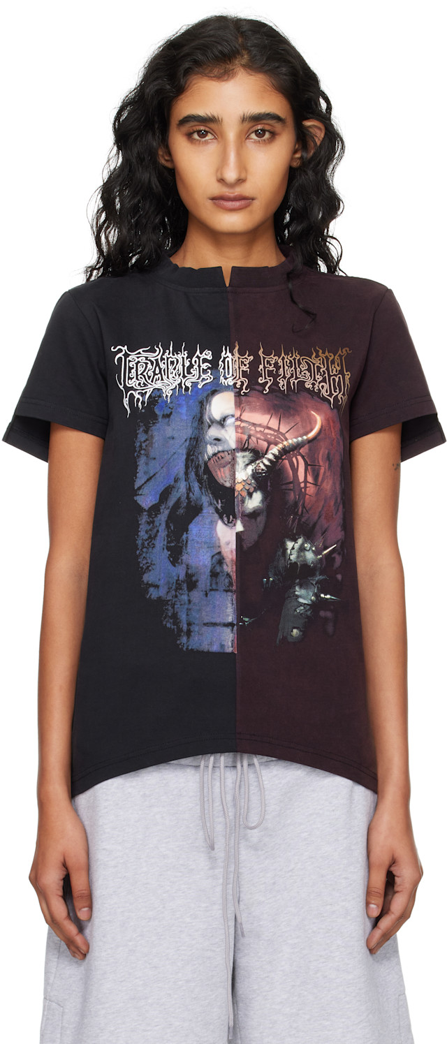 VETEMENTS: Black & Burgundy Cradle of Filth Cut-Up Fitted T-shirt