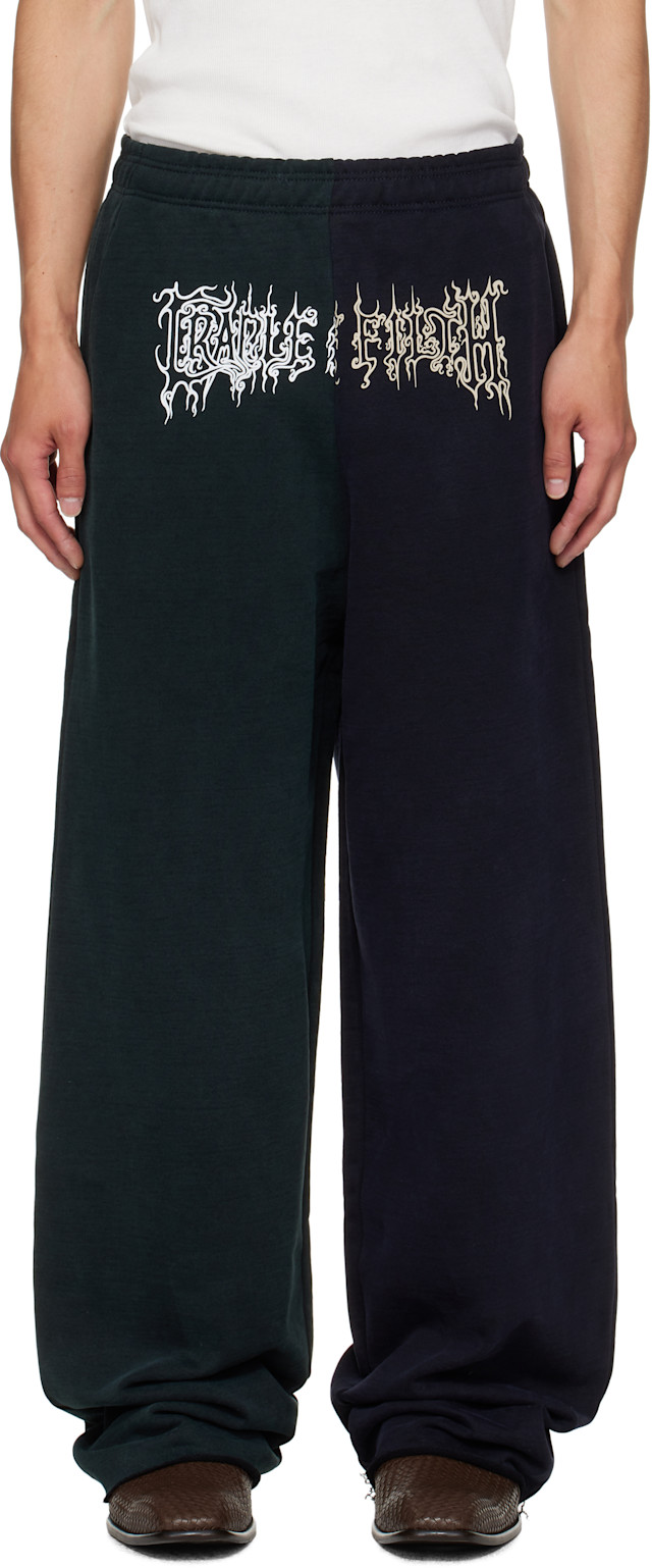 VETEMENTS: Green & Navy Cradle of Filth Cut-Up Baggy Sweatpants