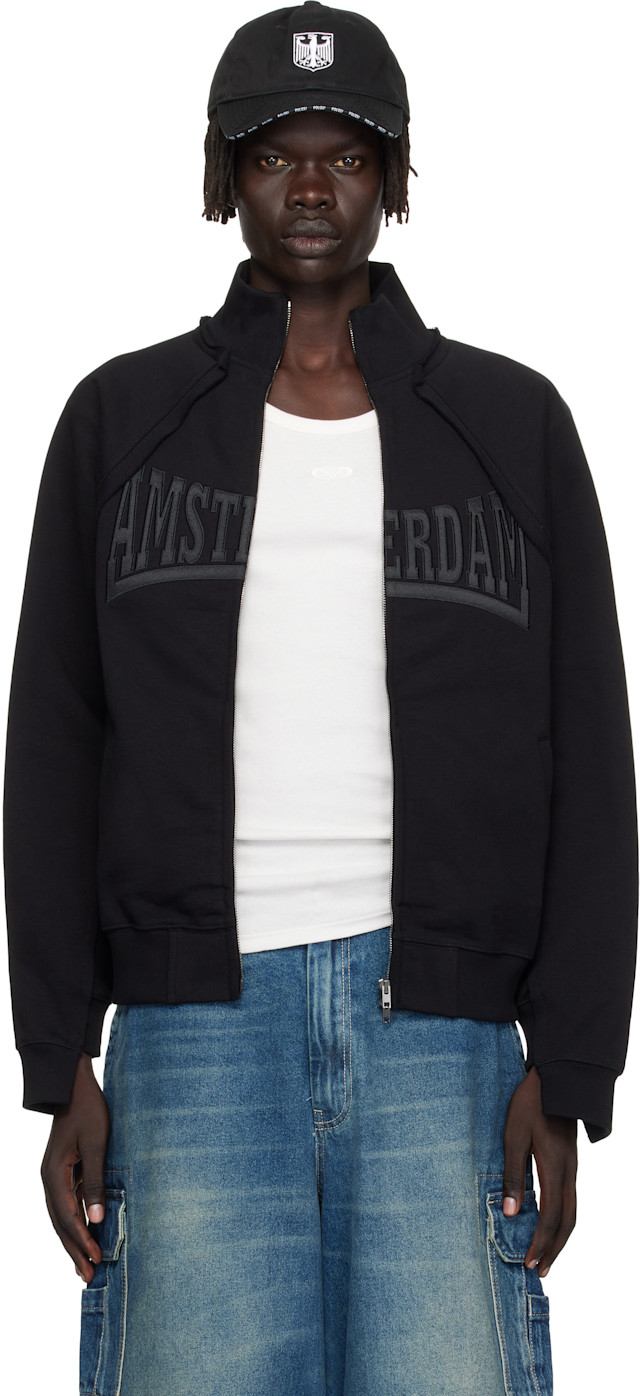 VETEMENTS: Black 'Amsterdam' Patched Zip Sweatshirt | SSENSE