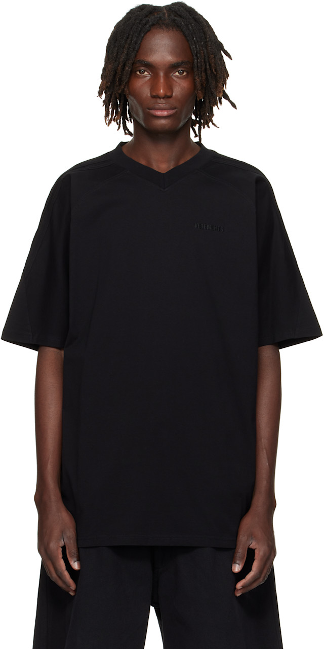 VETEMENTS: Black Cut-Up V-Neck T-shirt | SSENSE