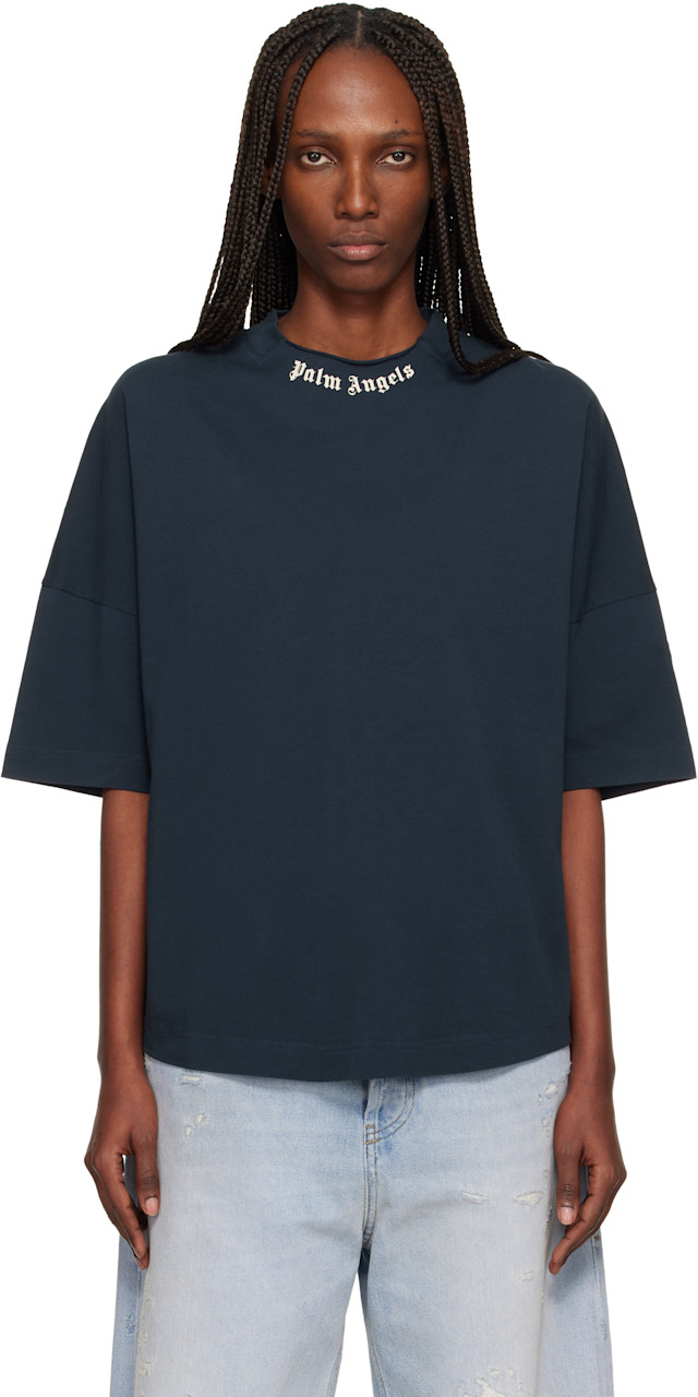 Palm Angels: Navy Curved Logo Collar Over T-shirt | SSENSE Austria