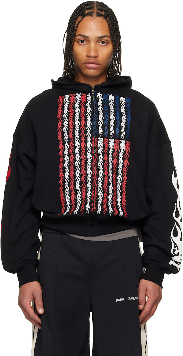 Palm Angels: Black Flames Flag Zip Hoodie | SSENSE