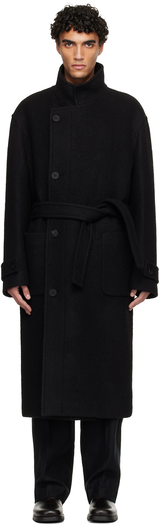 WOOYOUNGMI: Black Wool Blend High-Neck Coat | SSENSE