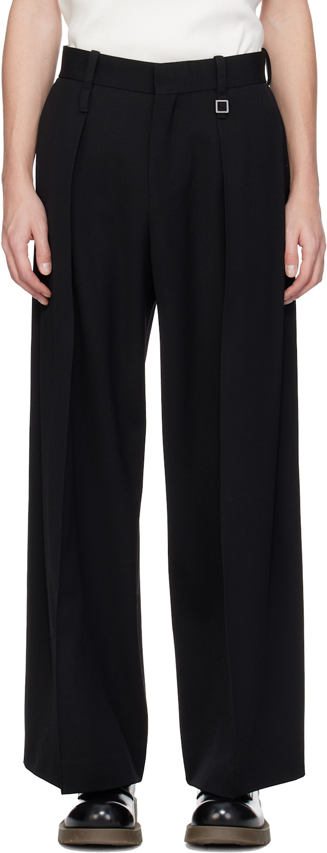 WOOYOUNGMI ブラック　Folding ワイド スラックス WOOYOUNGMI: Black Two Tuck Wide Trousers | SSENSE