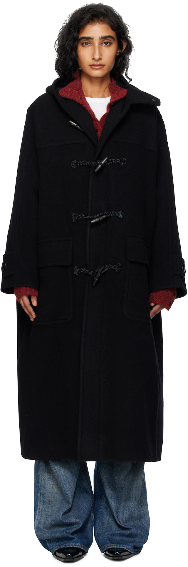 OPEN YY: Black Hooded Duffle Coat | SSENSE Canada