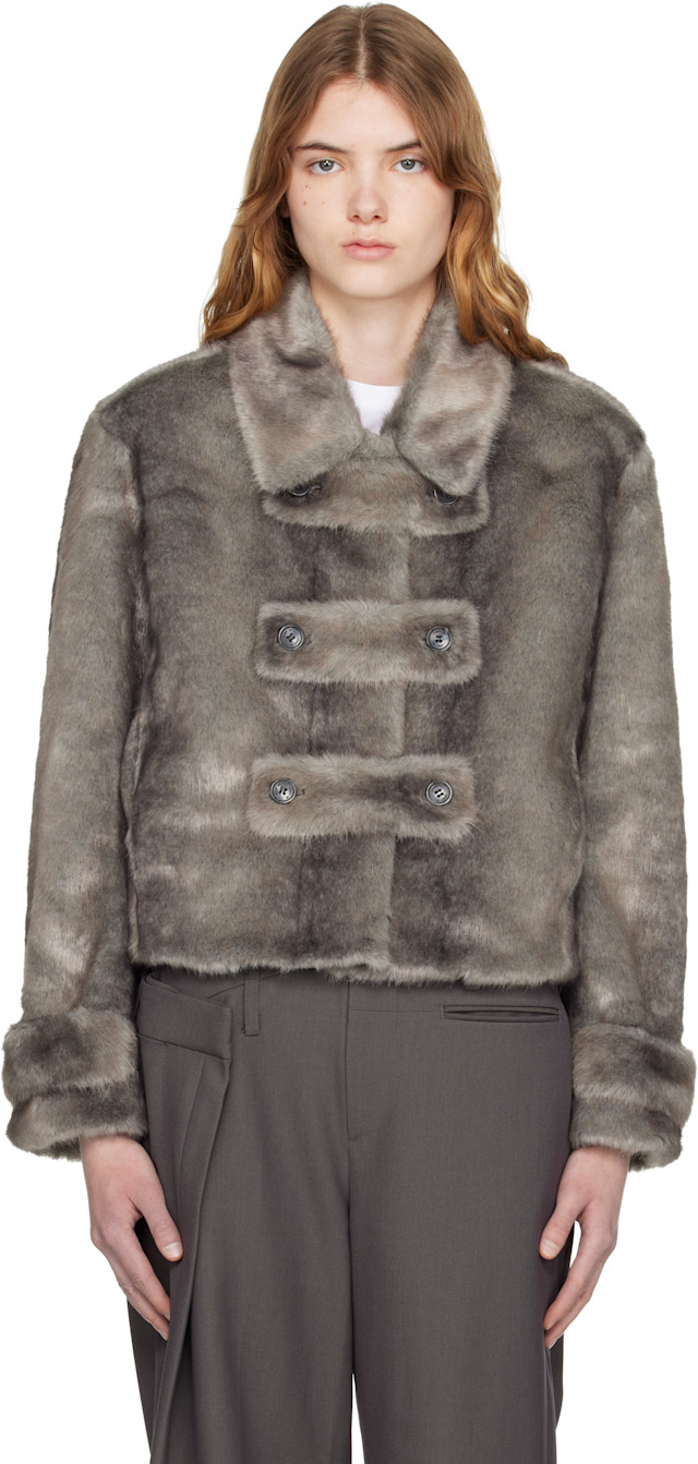 OPEN YY: Gray Faux Fur Tab Toggle Jacket | SSENSE