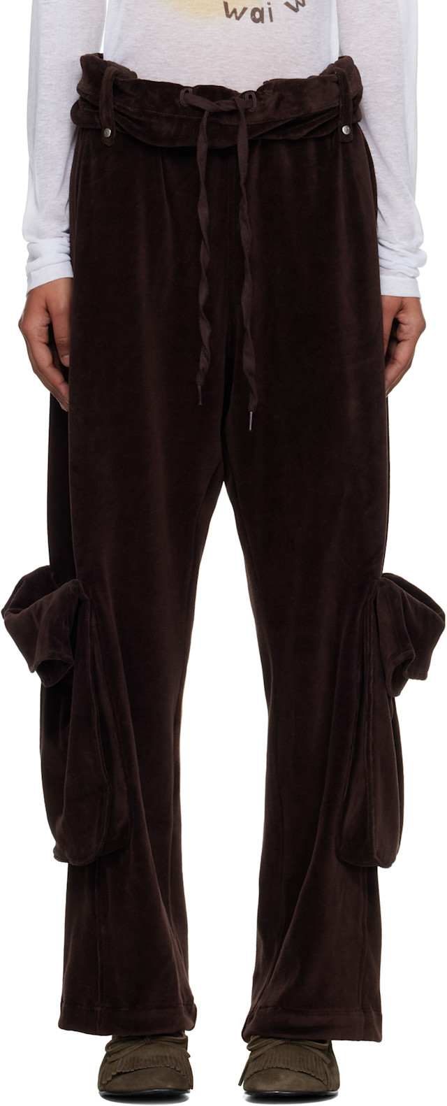OPEN YY: Brown Rolled Waist Velour Cargo Pants | SSENSE