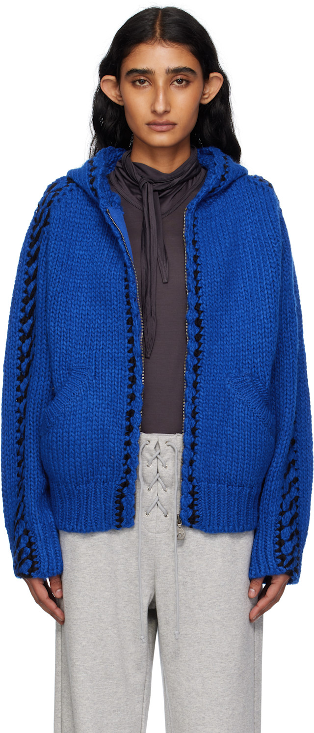 OPEN YY: Blue Stitch Zip Up Knit Hoodie | SSENSE Canada