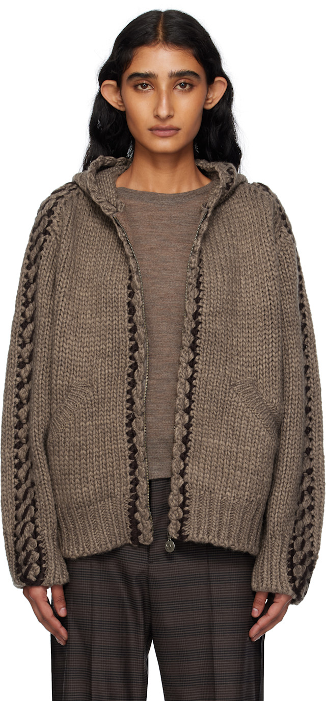 OPEN YY: Brown Stitch Zip Up Knit Hoodie | SSENSE