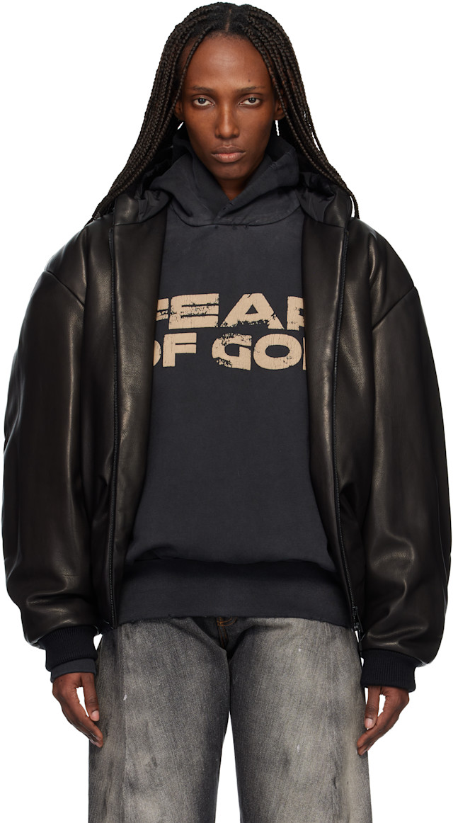 Fear of God: ブラック レザー フード付き ボンバージャケット